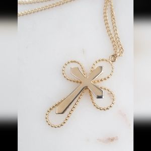 Signed Necklace by Sarah Coventry, 3D Gold Toned Cross Pendant With 19" Chain